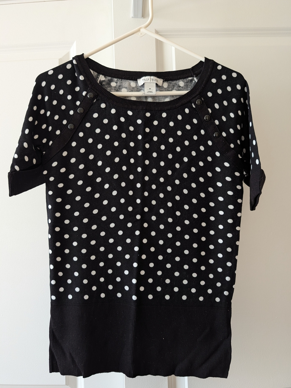 White House Black Market Black and White Polka Dot Short Sleeve Sweater